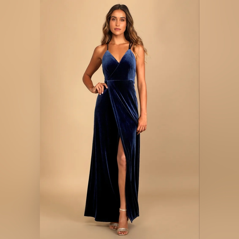 LulusWhimsical Romance Dark Blue Velvet Faux-Wrap Maxi Dress